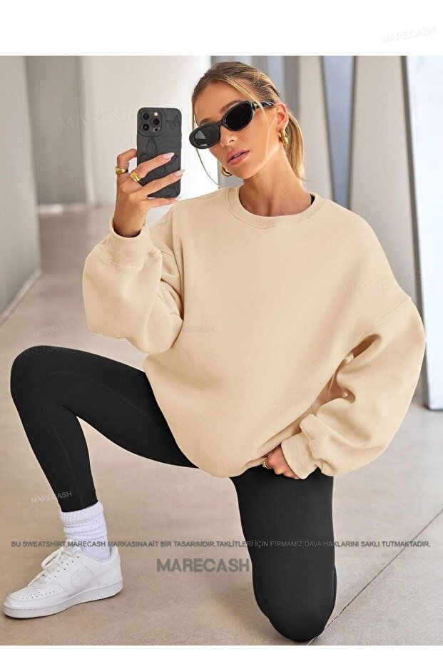 Beige Oversize Cotton Crew Neck Basic Sweatshirt - 3