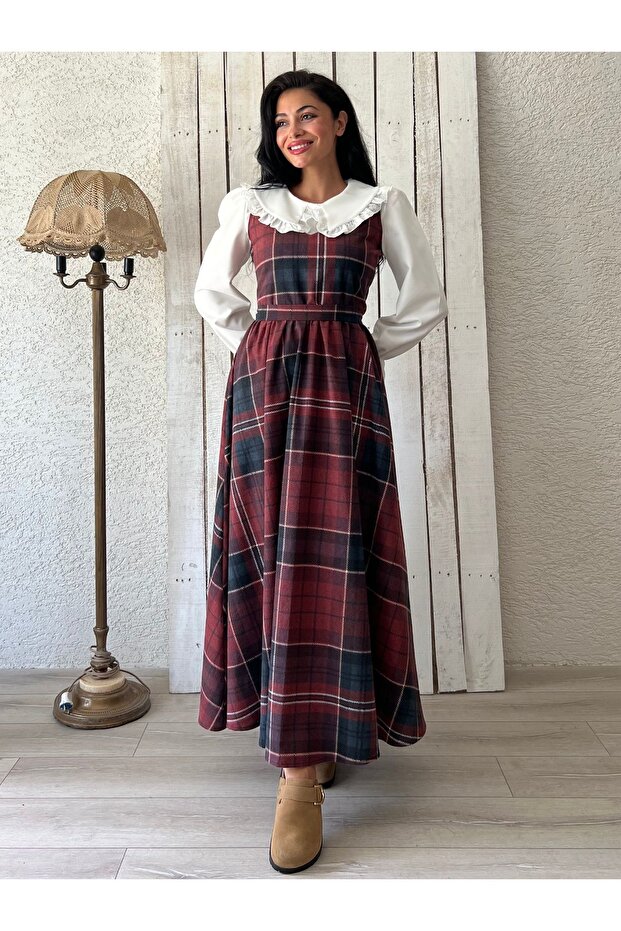 Long Coffee-Burgundy Plaid Gilet Collar White Blouse Set (Gilet-Bluz)