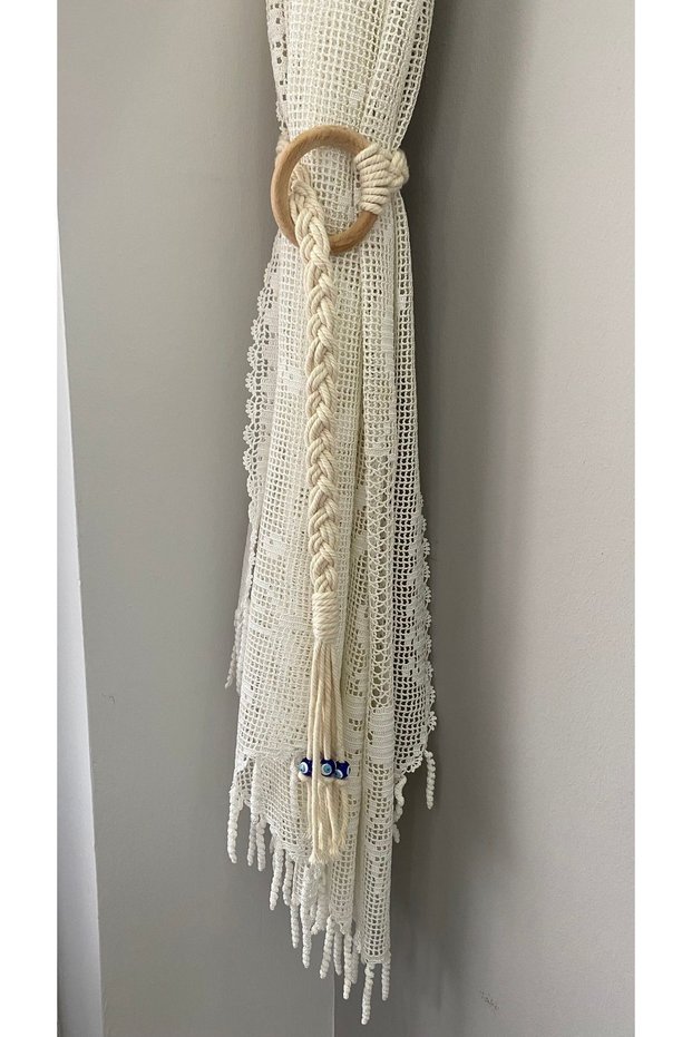 2 Pieces Macrame Curtain Holder - Ring and Evil Eye Beaded Curtain Accessory