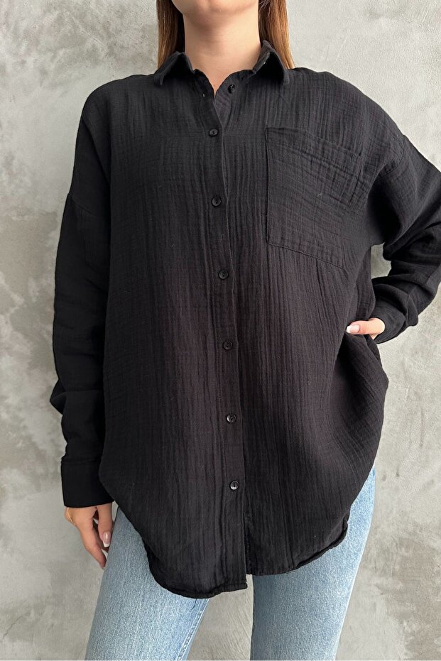 Kadın Siyah Oversize Basic Pamuk Gömlek - 4