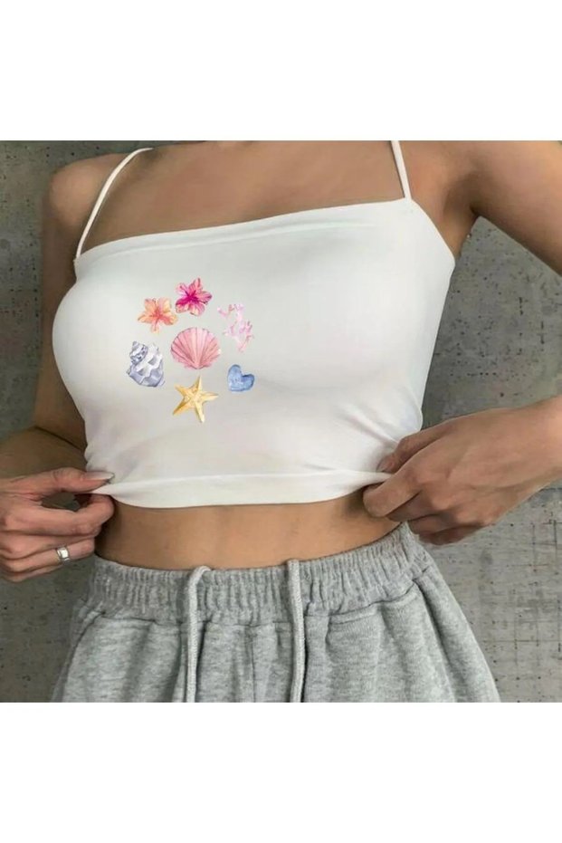 White Colored Ocean Printed Basic Bustier Crop with Rope Straps