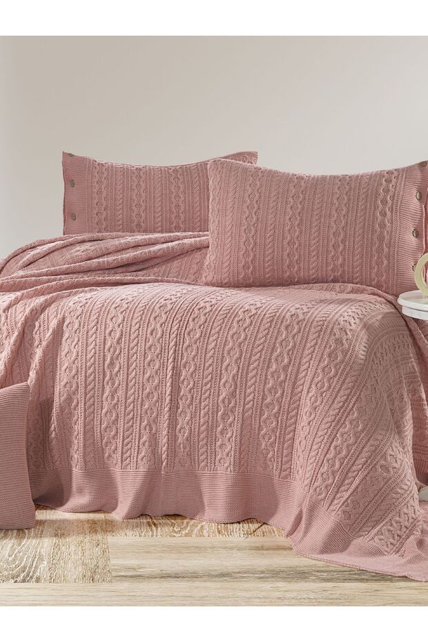 Double Water Tirko Braided Bedspread Set - Powder | 240 X 260