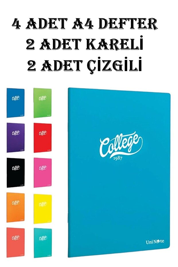 College Defter A4 Okul Defteri 100 Yaprak 4 ADET 2 KARELİ 2 ÇİZGİLİ Pp Kapak Defter Seti - 2