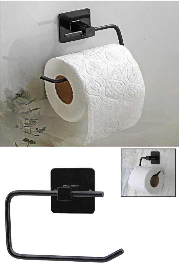 Black Metal Toilet Paper Rack - Adhesive Decorative Wc Paper Holder - Bathroom Accessory