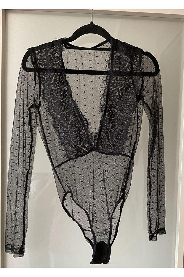 Lace, Tulle, Snap, Long Sleeve Bodysuit