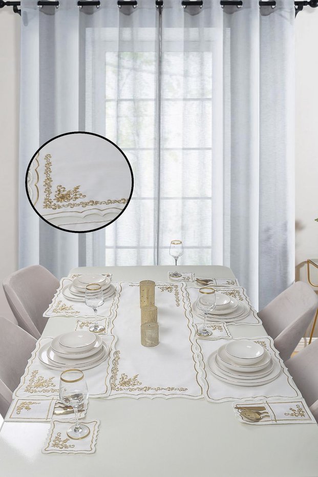 Bougainvillea Cream Gold 8-Person 25-Piece Embroidered Linen Linen American Service and Runner Dinner Set