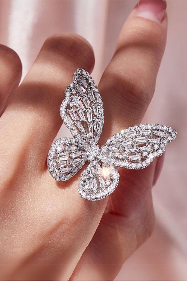Adjustable Butterfly Ring with Zircon Stone Detail