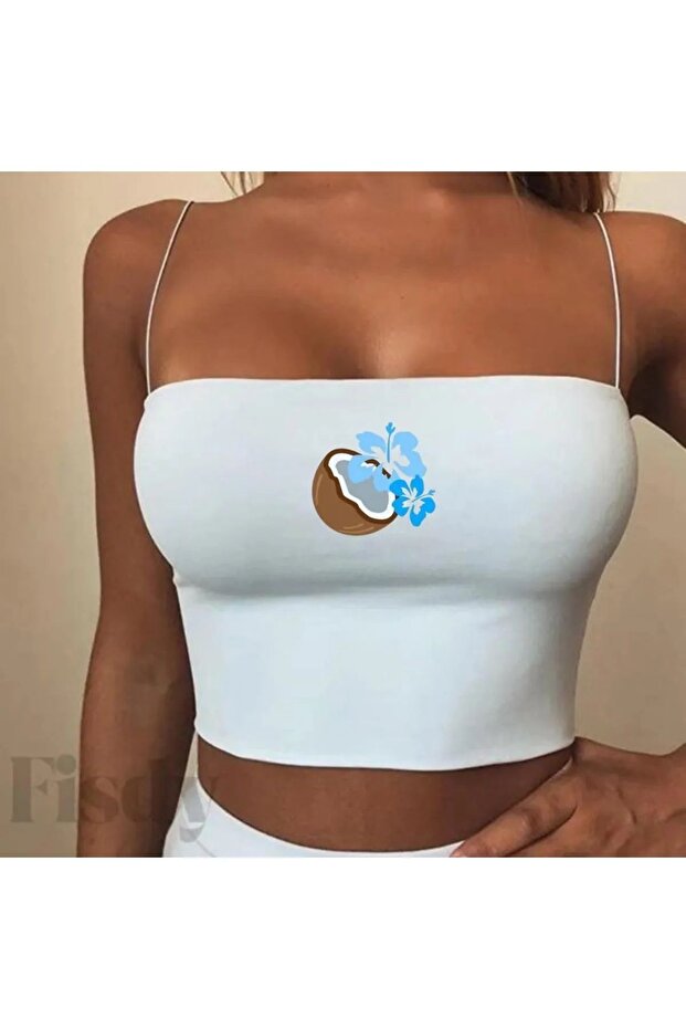 بلوزة قصيرة أساسية من كوكونات بلون أبيض مع حمالة صدر مكونة من مطبوع خيوط - 1