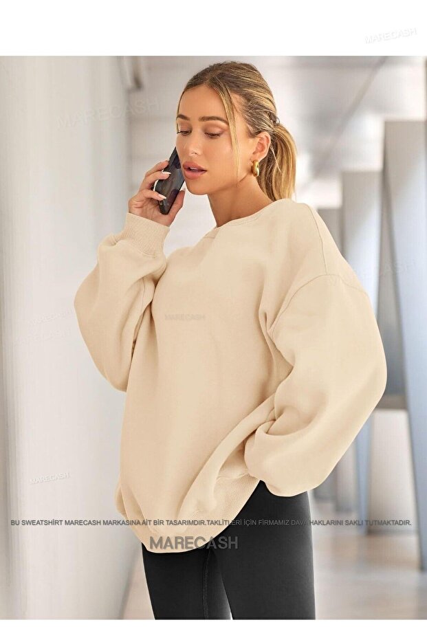 Beige Oversize Cotton Crew Neck Basic Sweatshirt - 1