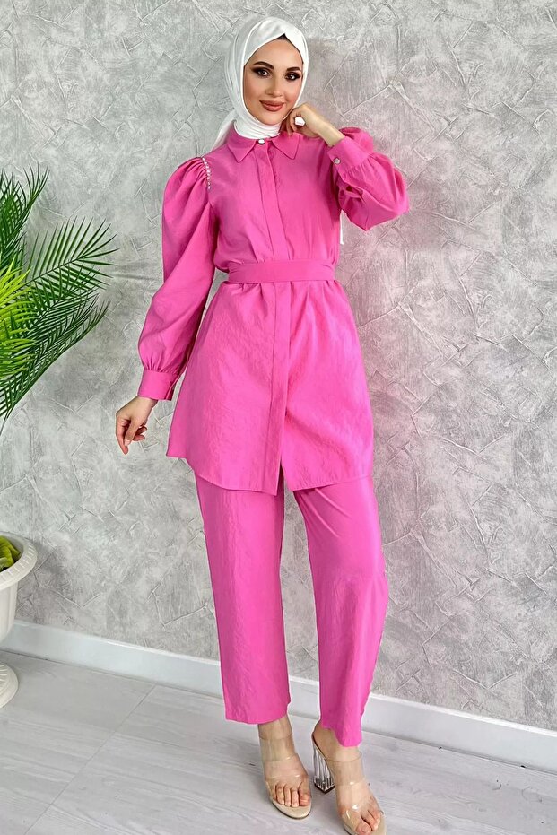 Pink Shoulders Stone Embroidered Women's Hijab Double Set