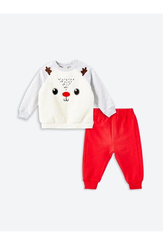 Lcw Baby Cream Color Embroidered Baby Boy Sweatshirt and Sweatpants 2-Piece Set