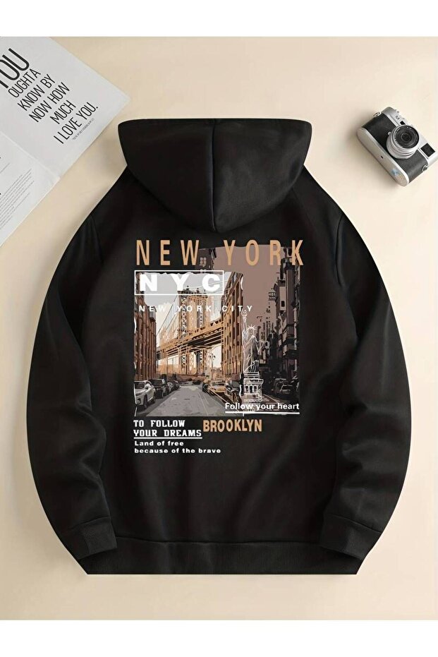 Unisex New York Printed Oversize Winter 3 Thread 100% Cotton Hooded Sweatshirt Hoodie