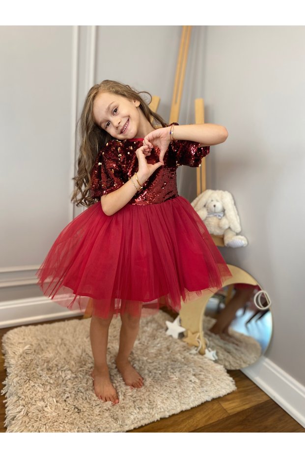 Aden Ophelia Red Sequin Sequined Tulle Puffy Christmas New Year Party Birthday Girl's Dress