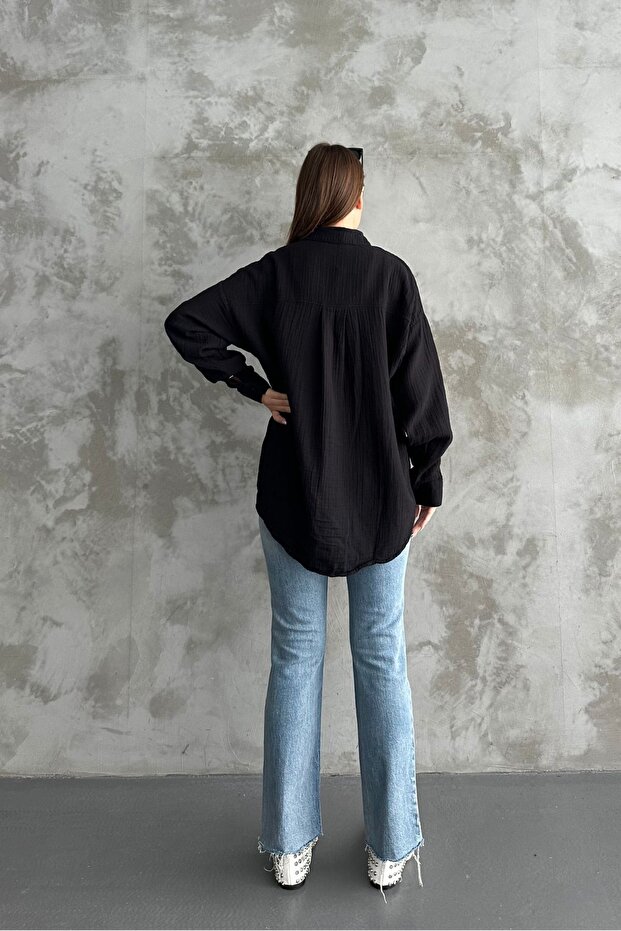 Kadın Siyah Oversize Basic Pamuk Gömlek - 5