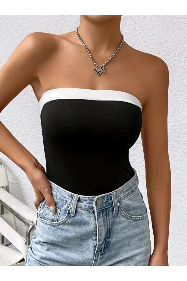 Women's Black Piping Detailed Long Strapless Dress