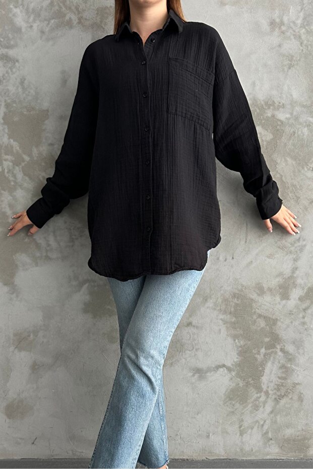 Kadın Siyah Oversize Basic Pamuk Gömlek - 1