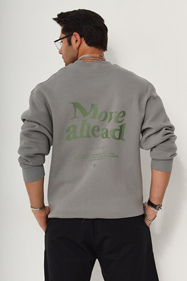 Crew Neck Fleece Move Ahead Text Printed Smoked Oversize Hoodie Sweatshirt
