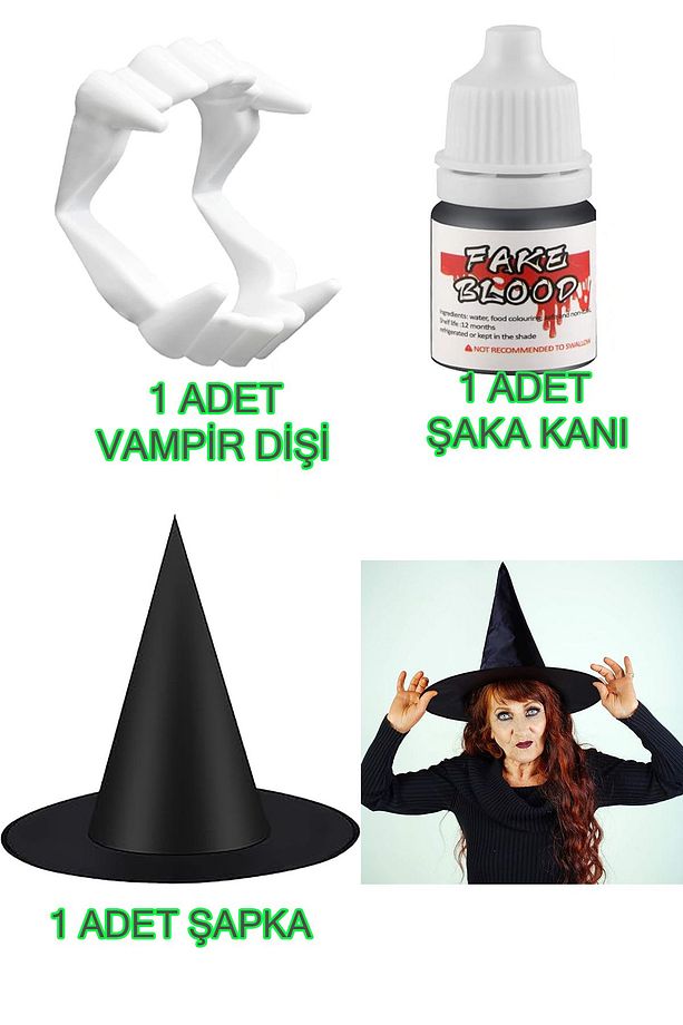 Cadılar Bayramı Siyah Cadı Şapka, Vampir Dişi, Kan Halloween Parti Seti Yetişkin Çocuk 3pr - 2