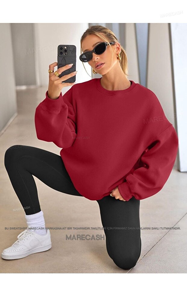 Kırmızı Oversize Pamuklu Bisiklet Yaka Basic Sweatshirt - 3
