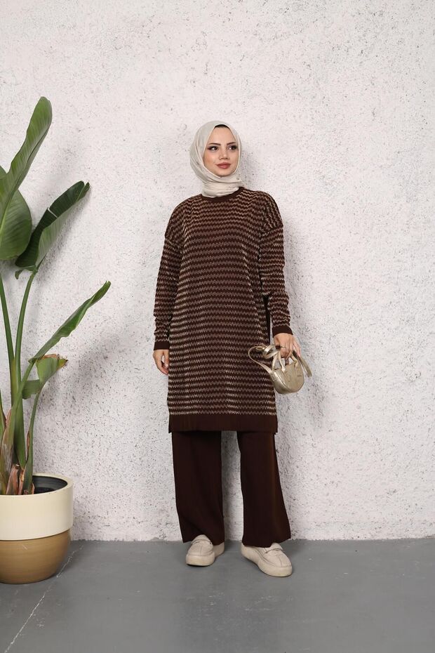 Women's Modest Side Line Patterned Silvery Knitwear Tunic Pants 2-Piece Bottom-Top Set