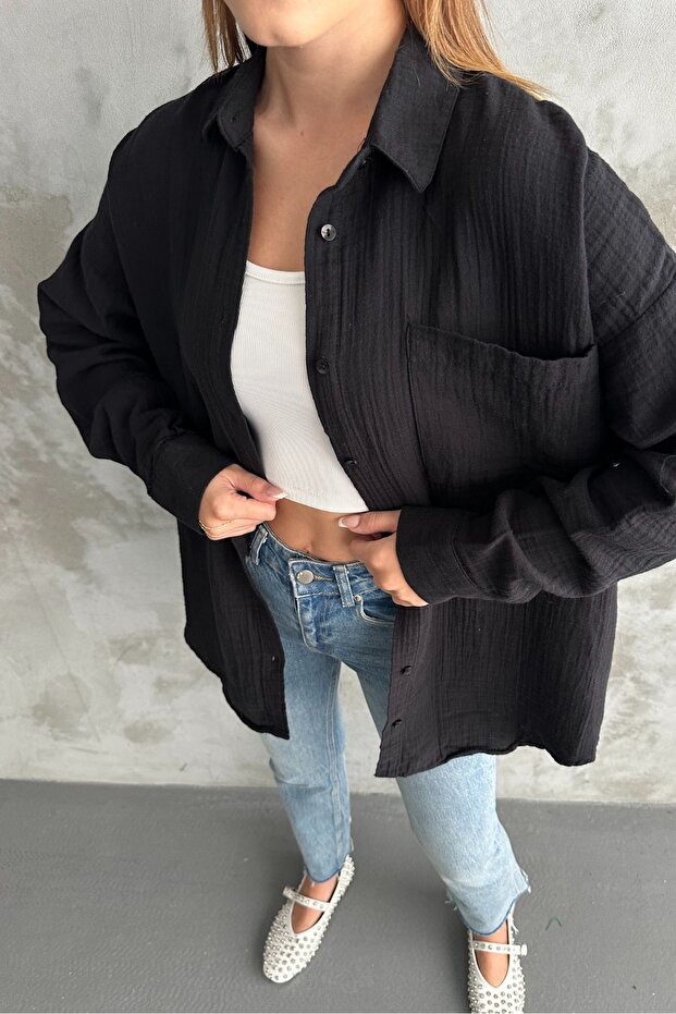 Kadın Siyah Oversize Basic Pamuk Gömlek - 8