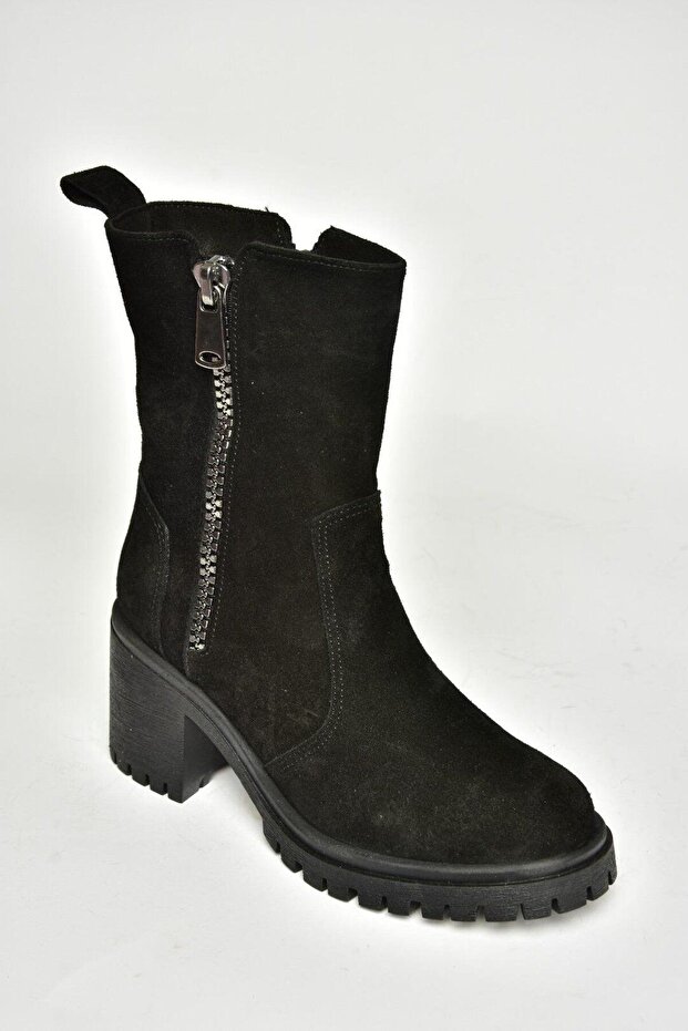 T654095802 Siyah Hakiki Süet Kalın Topuklu Kadın Bot - 7