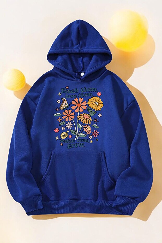 Oversize Hooded Sweatshirt - Flowers Printed
