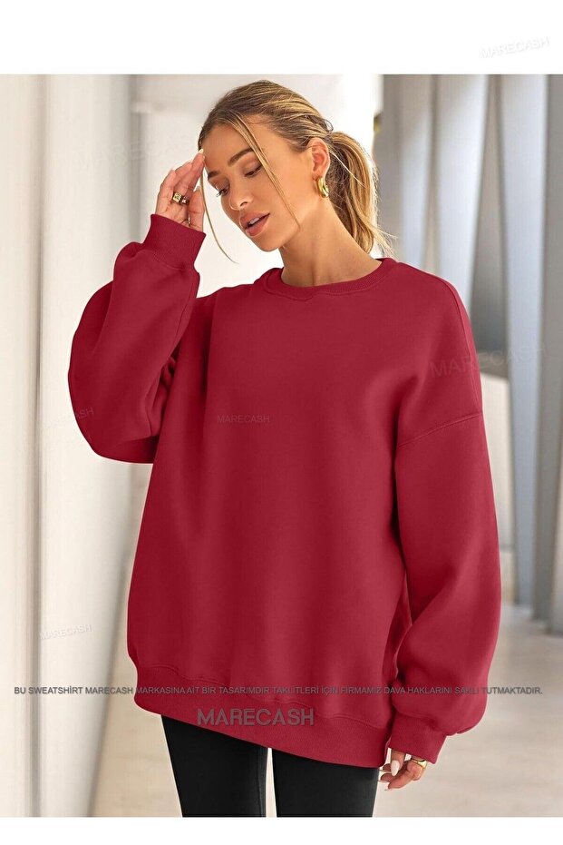 Kırmızı Oversize Pamuklu Bisiklet Yaka Basic Sweatshirt - 4