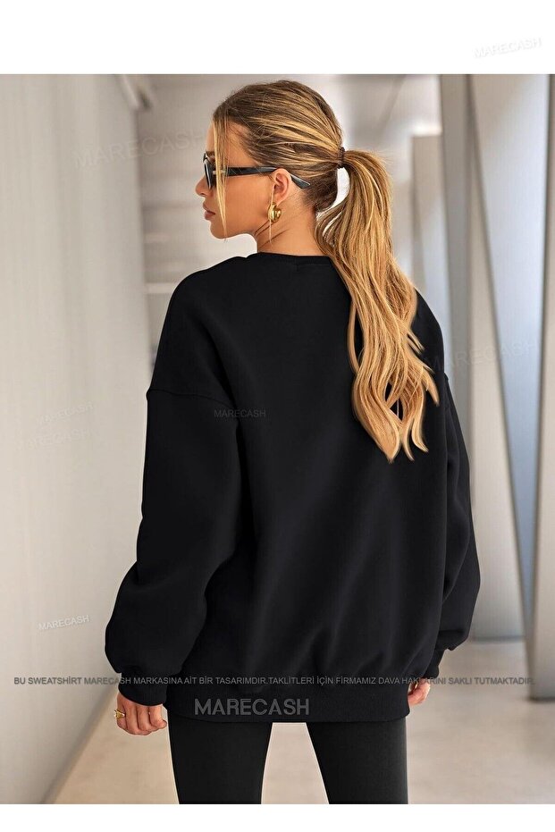 Siyah Oversize Pamuklu Bisiklet Yaka Basic Sweatshirt - 4