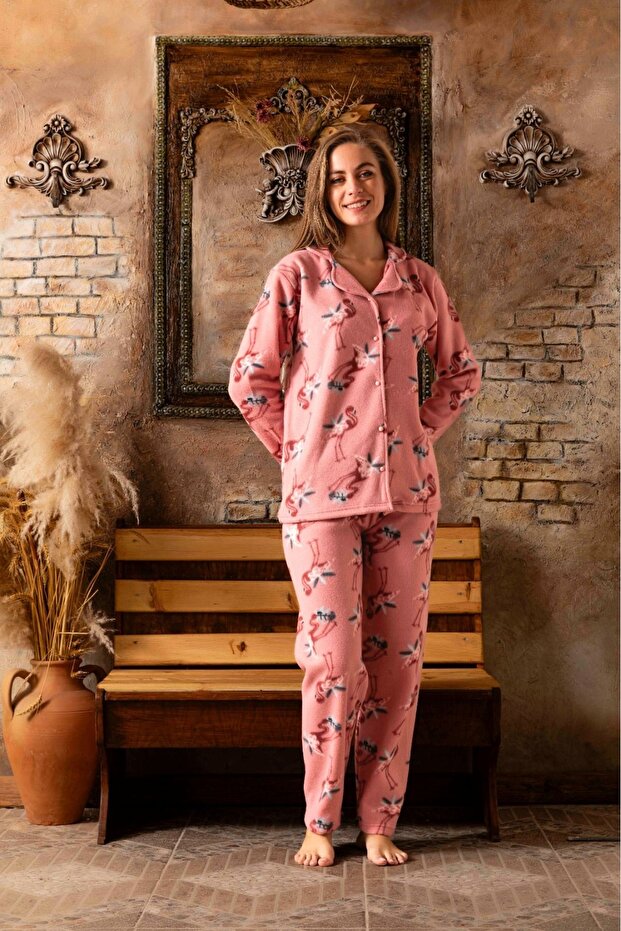 Women's Front Buttoned Long Sleeve Fleece Plush Winter Warm Pajamas Set