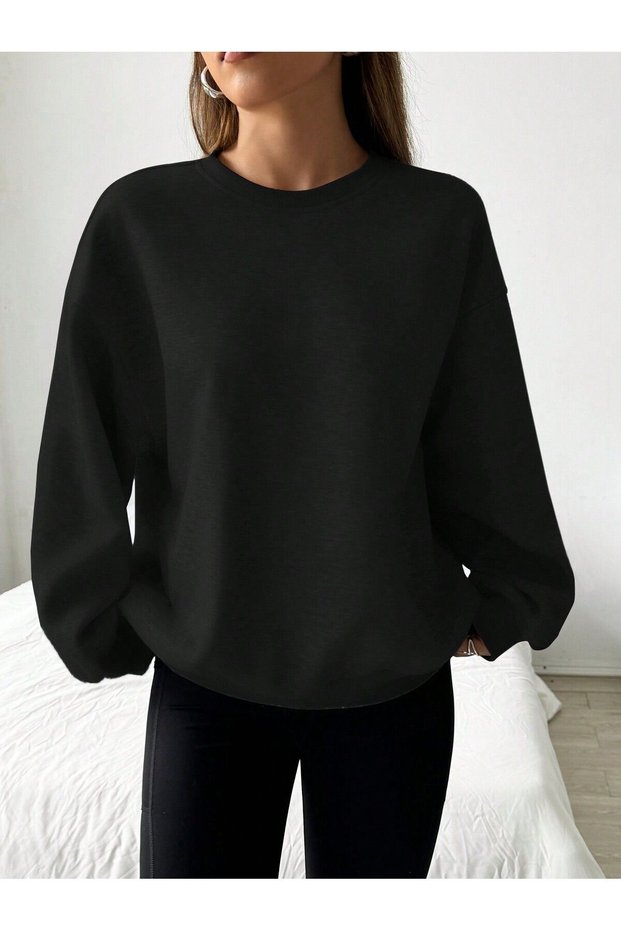 Women's Black Basic Soft Textured Loose Sweatshirt