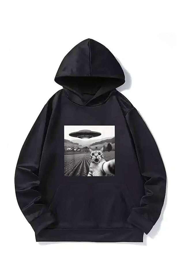 Unisex Ufo Cat Printed Oversized Winter 3 Thread 100% Cotton K Hooded Sweatshirt Hoodie