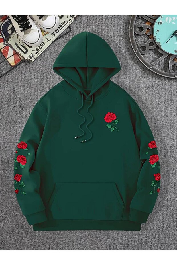 Unisex Roses Printed Oversize Winter 3 Thread 100% Cotton Hooded Sweatshirt Hoodie