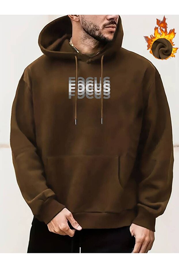 Unisex Focus Printed Oversize Winter 3 Thread 100% Cotton Hooded Sweatshirt Hoodie