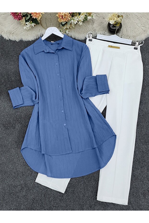 قميص طويل الأزرار مع نمط مخطط - نيلي - 1