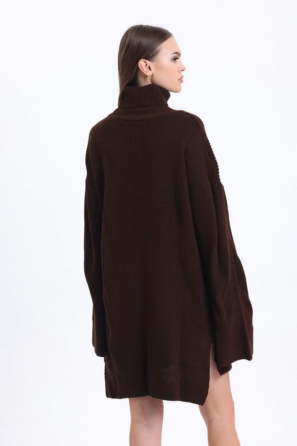 Örgü Kazak Yaka Uzun Kollu Mini Oversize Elbise - 2