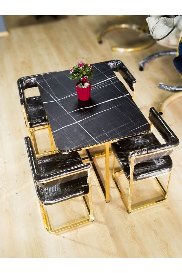 Gold Lego Mutfak Masası - Gizlenebilir Sandalyeli Akıllı Mutfak Yemek Masası 4 Kişilik - 6