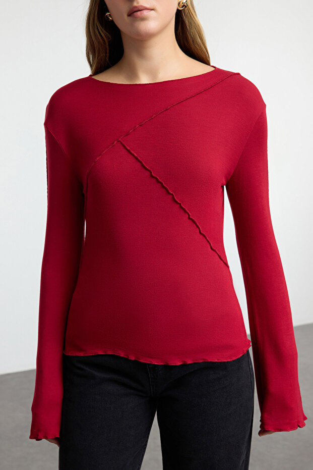 Bordo Nervür Detaylı Fitted/Vücuda Oturan İspanyol Kol Örme Bluz TWOAW25BZ00244 - 3