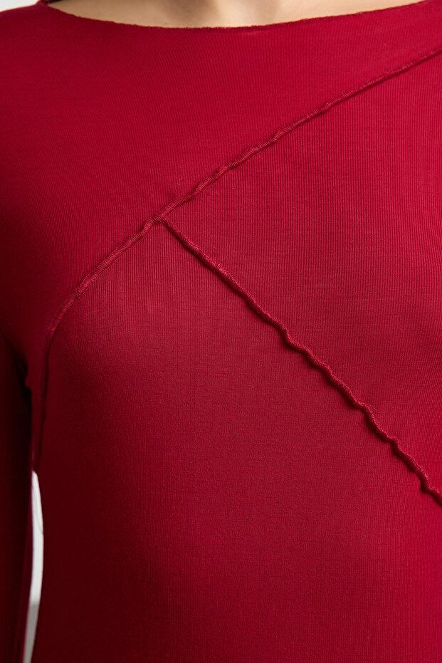 Bordo Nervür Detaylı Fitted/Vücuda Oturan İspanyol Kol Örme Bluz TWOAW25BZ00244 - 4