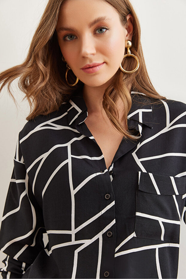 Women's Asymmetrical Black Single Pocket Woven Viscon Shirt Gml- 19000890