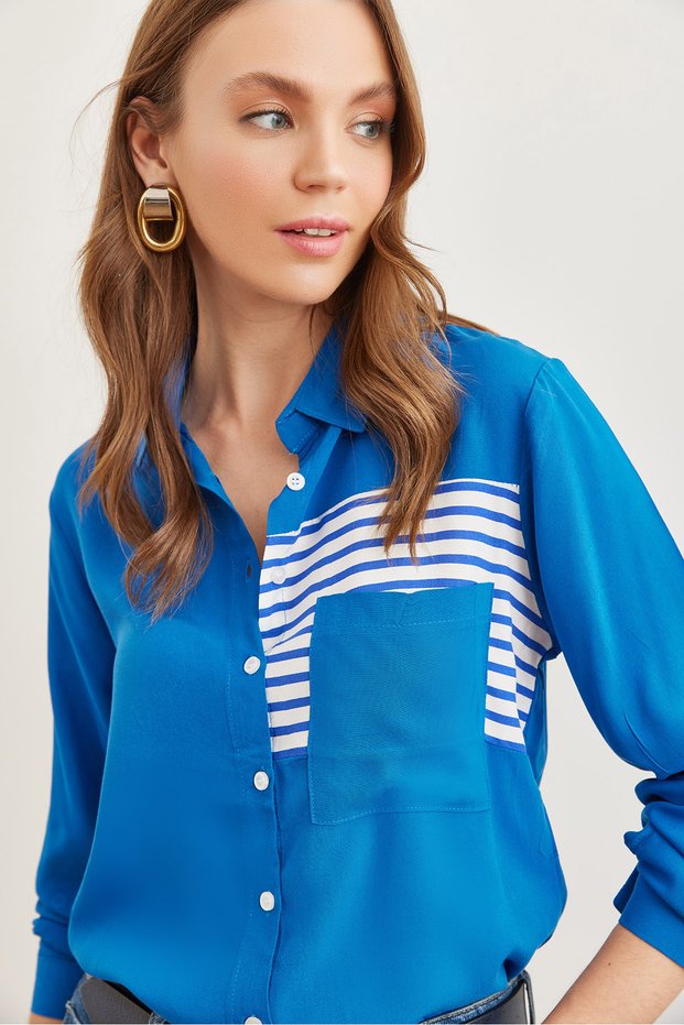 Women's Cobalt Blue Pocket Detailed Woven Viscose Shirt Gml- 19001080