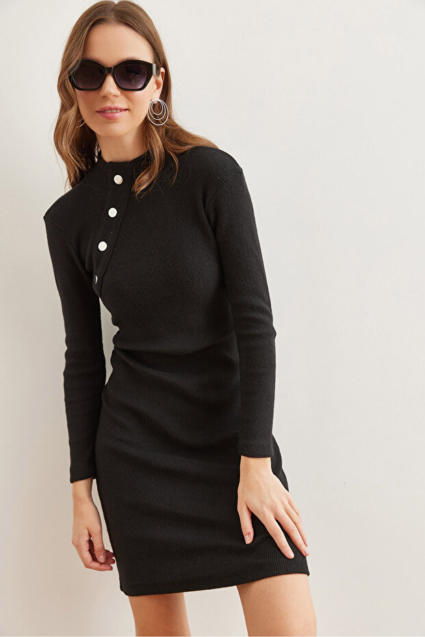 Women's Black Metal Button Detail Raster Mini Stretchy Dress Elb- 19002260
