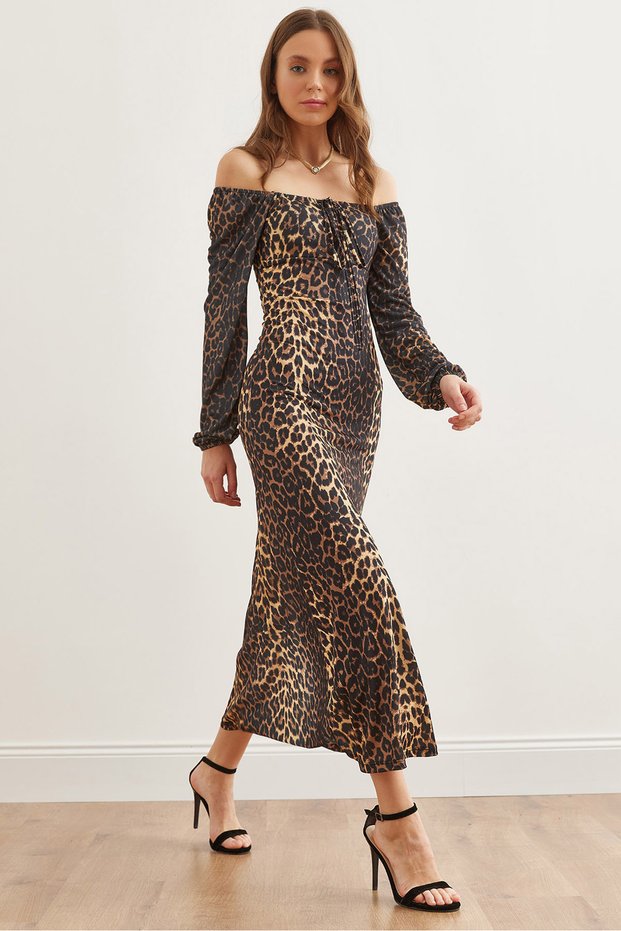 Women's Black Brown Lace Detailed Slit Maxi Leopard Dress Elb-19002264