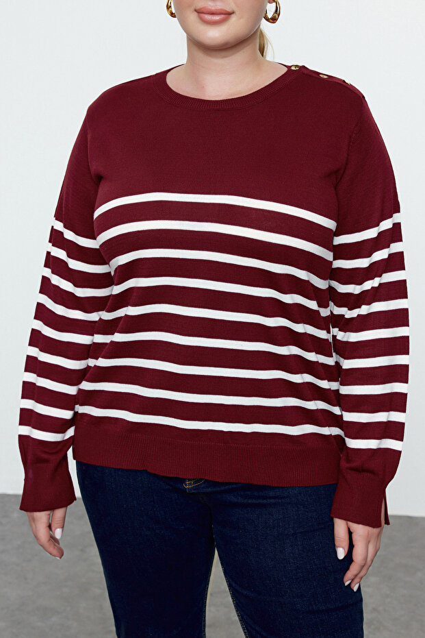 Burgundowy, dzianinowy sweter w paski TBBAW23AN00119 - 3