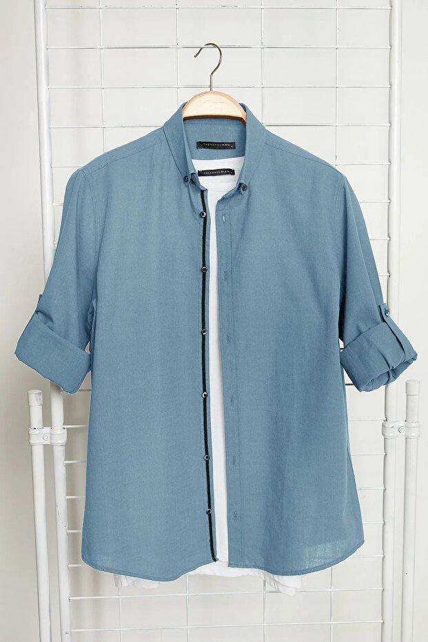 Mavi Düğmeli Yaka Apoletli Slim Fit %100 Pamuklu Keten Görünümlü Gömlek TMNSS20GO0189 - 7