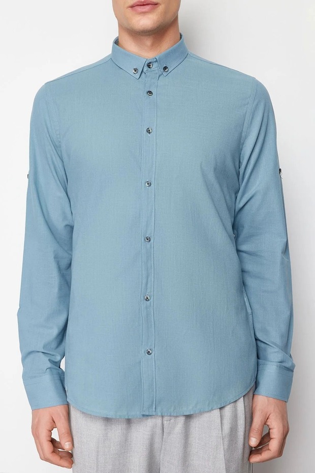 Mavi Düğmeli Yaka Apoletli Slim Fit %100 Pamuklu Keten Görünümlü Gömlek TMNSS20GO0189 - 10