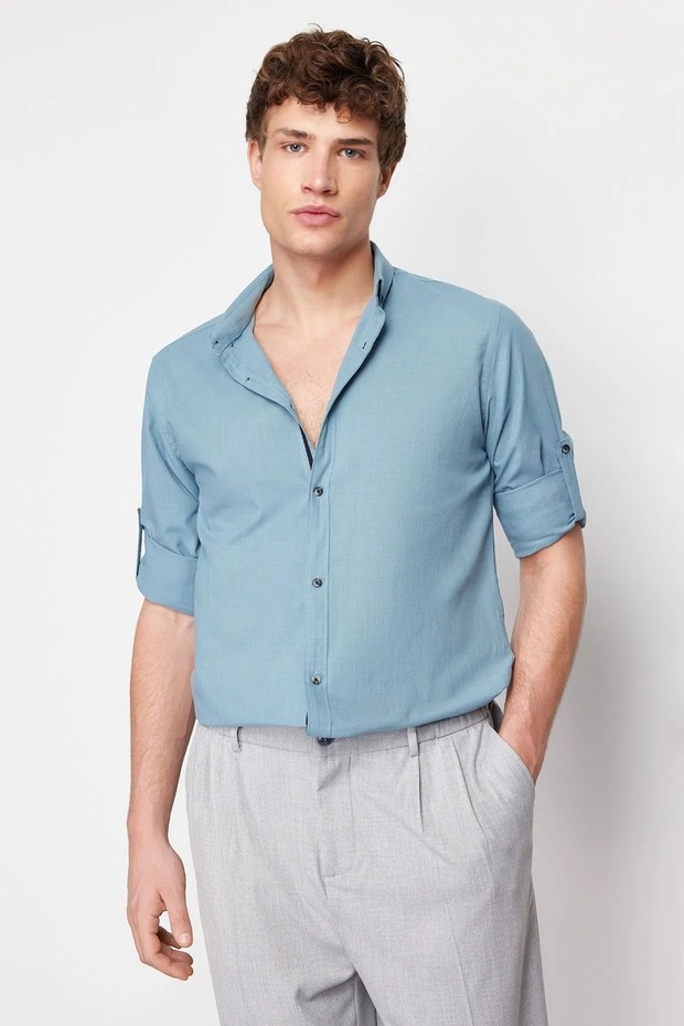 Mavi Düğmeli Yaka Apoletli Slim Fit %100 Pamuklu Keten Görünümlü Gömlek TMNSS20GO0189 - 9