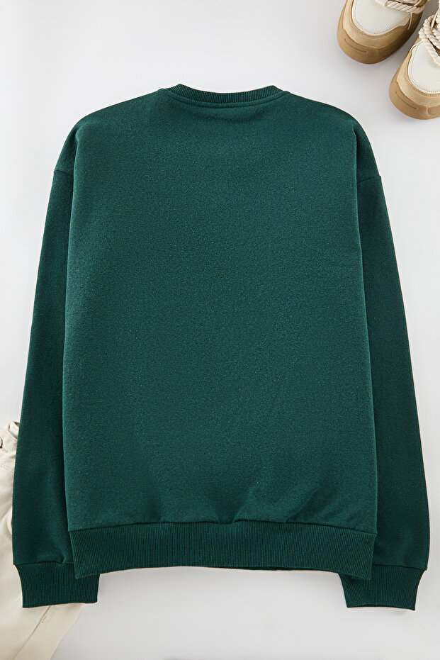 Yeşil Oversize/Geniş Kesim Bisiklet Yaka Uzun Kol Hayvan Nakışlı Sweatshirt TMNAW24SW00169 - 10