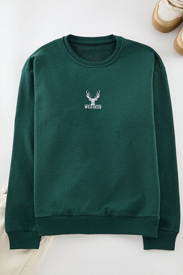 Yeşil Oversize/Geniş Kesim Bisiklet Yaka Uzun Kol Hayvan Nakışlı Sweatshirt TMNAW24SW00169 - 8