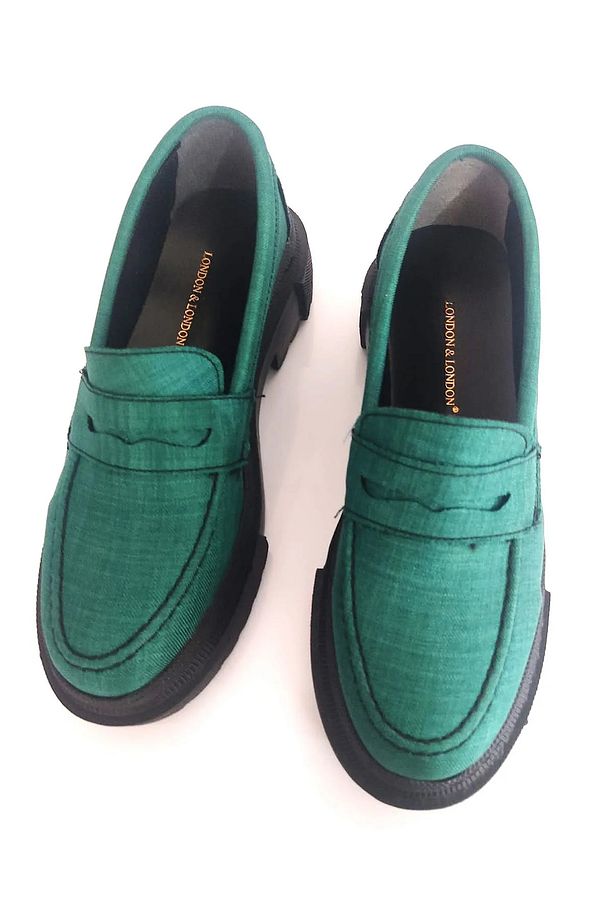 Kadın Kalın Topuklu Makosen Yeşil Kot Loafer Ayakkabı - 1